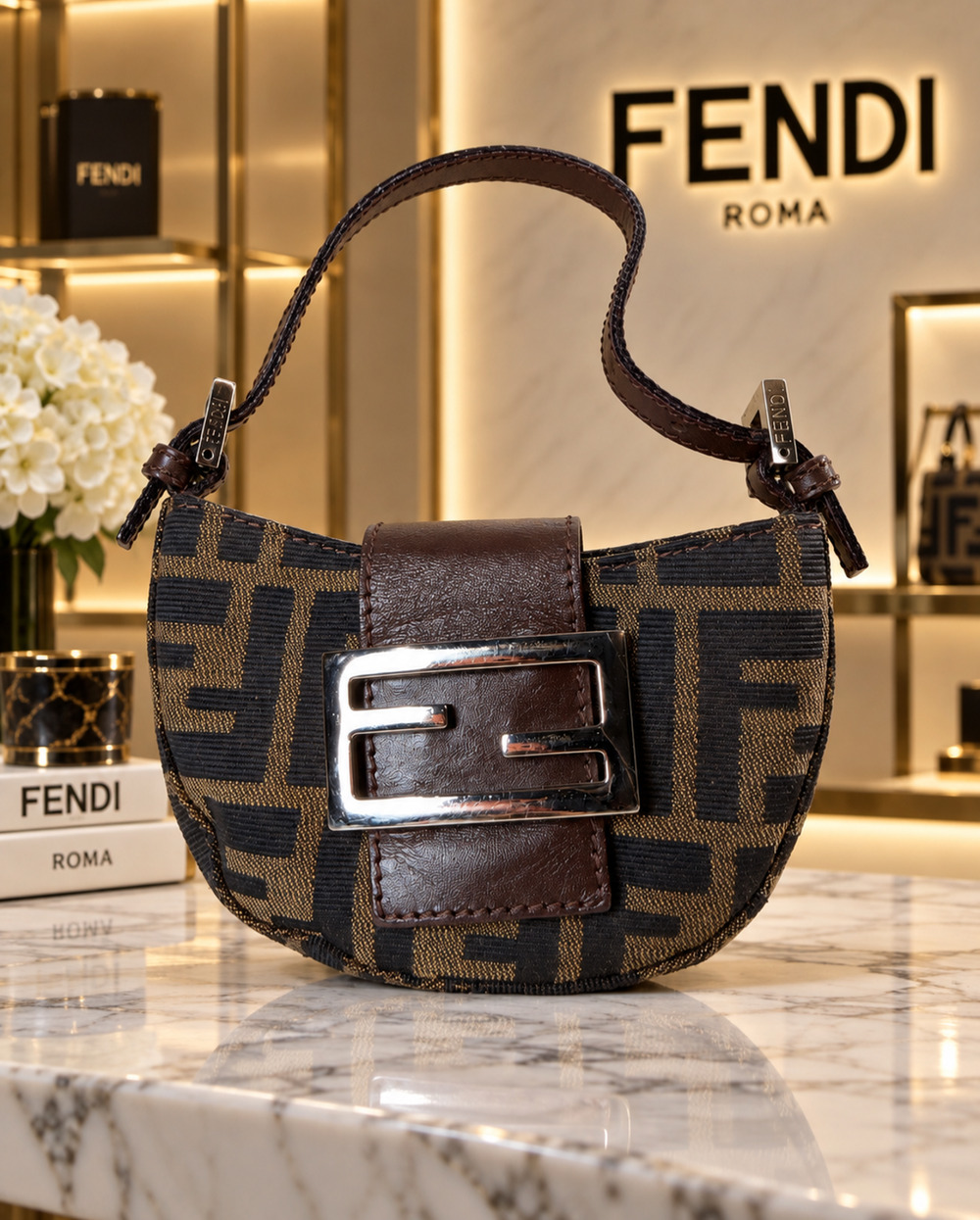 Authentic Vintage FENDI Zucca Mini Croissant Bag Brown Canvas Y2K Pochette